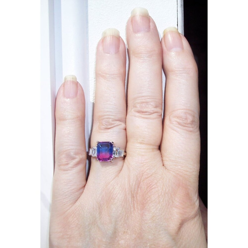 925 STERLING SILVER Bicolor Cubic Zirconia & Baguette Ring Blue & Pink - Picture 4 of 16